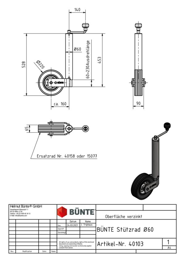 Stützrad BÜNTE, Ø 60mm, Ø 220x60mm Anhänger-Shop