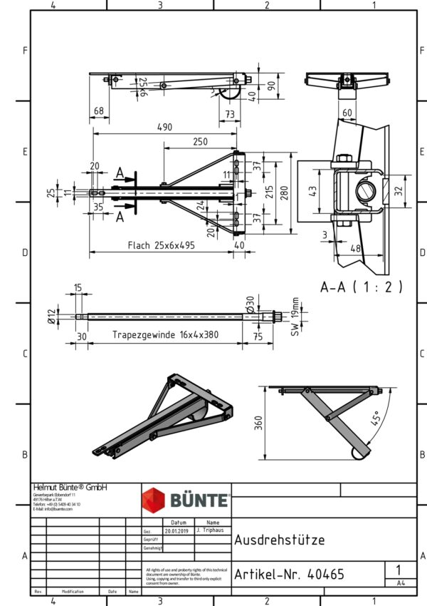 Ausdrehstütze BÜNTE universal, 280x535x90mm Anhänger-Shop