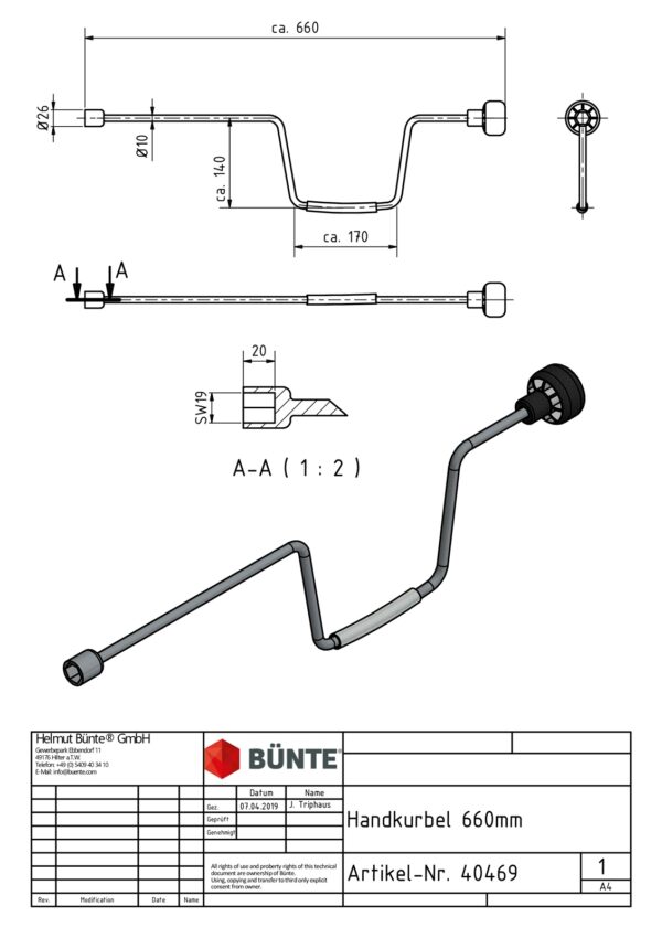 Handkurbel BÜNTE 660mm, Schlüsselweite 19 Anhänger-Shop