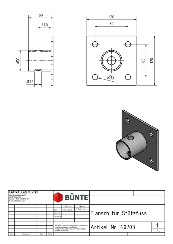 Flansch BÜNTE 120x120x60mm Anhänger-Shop