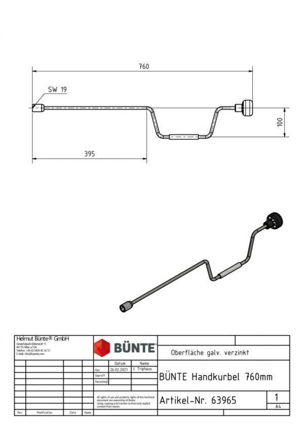 Handkurbel BÜNTE 760mm, Schlüsselweite 19