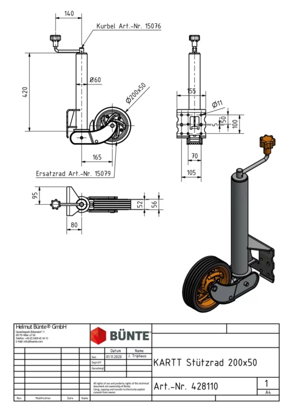 Stützrad BÜNTE-KARTT Ø 60mm automatisch klappbar Anhänger Shop