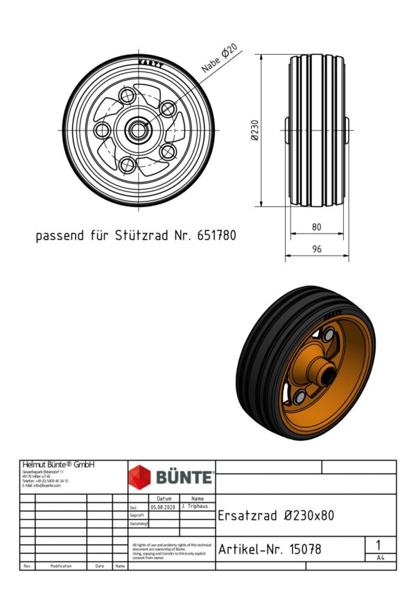 Ersatzrad BÜNTE-KARRT Ø 230 x 80 mit flachem Profil Anhänger Shop