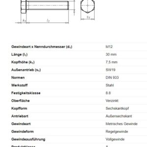 Sechskantschraube M12x30mm Anhänger Shop