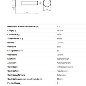 Sechskantschraube M14x180mm Anhänger Shop