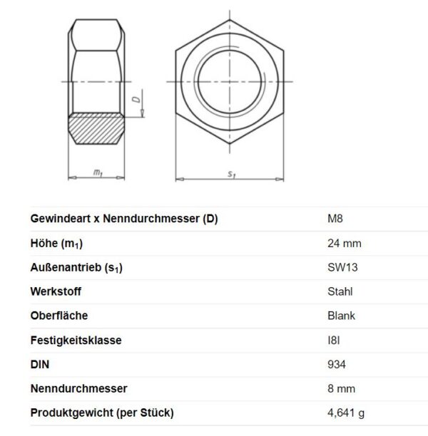 Sechskantmutter mit Linksgewinde M8 Anhänger Shop