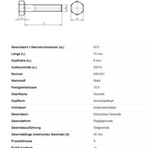 Sechskantschraube M12x70mm Anhänger Shop