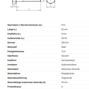 Sechskantschraube M12x80mm Anhänger Shop
