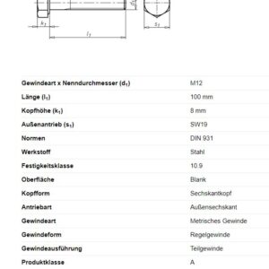 Sechskantschraube M12x100mm Anhänger Shop