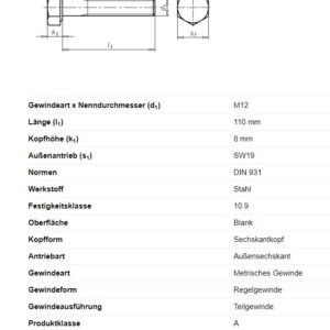 Sechskantschraube M12x110mm Anhänger Shop
