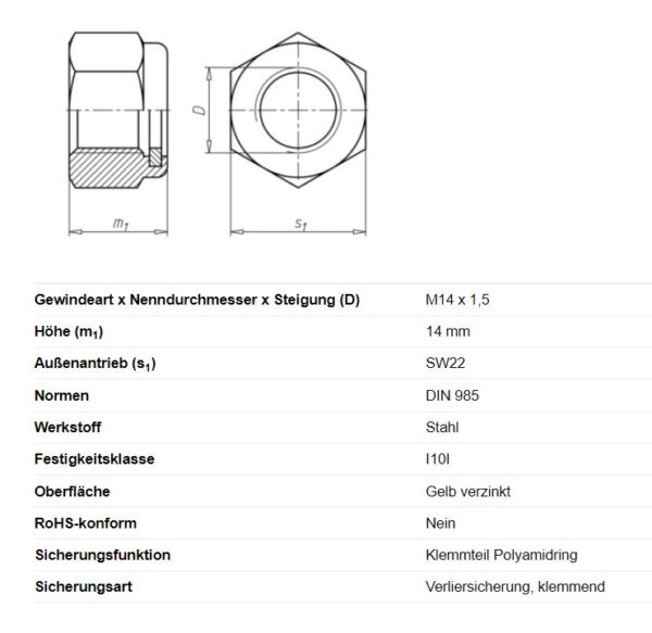 Sechskantmutter selbstsichernd M14x1,5x14mm Anhänger Shop