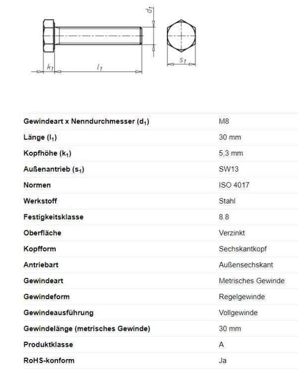 Sechskantschraube M8x30mm Anhänger Shop