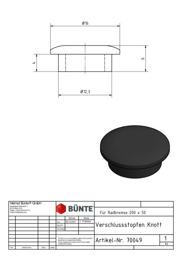 Verschlussstopfen KNOTT 12,3mm-6x6mm schwarz Anhänger Shop