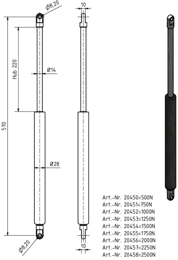Gasfeder 14-28 570mm Anhänger Shop