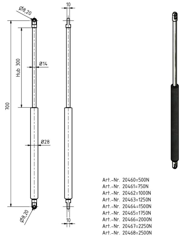 Gasfeder 14-28 700mm Anhänger Shop