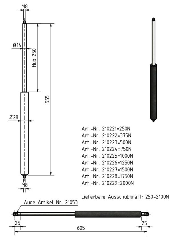 Gasfeder 14-28 555mm Anhänger Shop