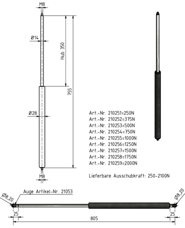 Gasfeder 14-28 755mm Anhänger Shop
