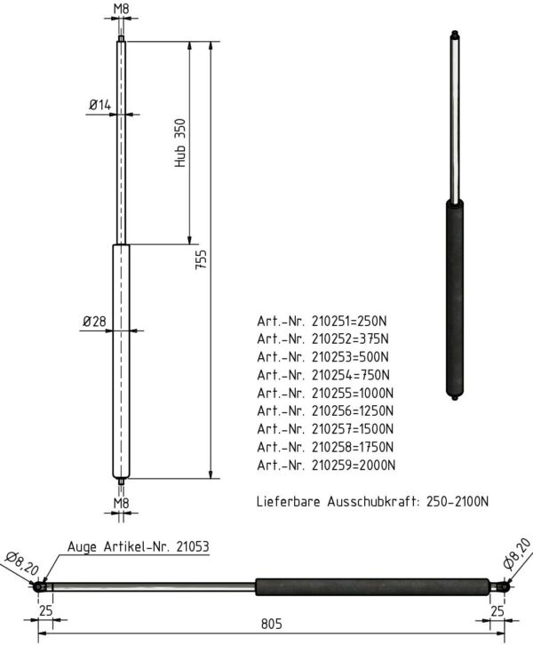 Gasfeder 14-28 755mm Anhänger Shop