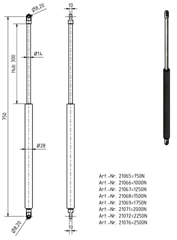 Gasfeder 14-28 750mm Anhänger Shop