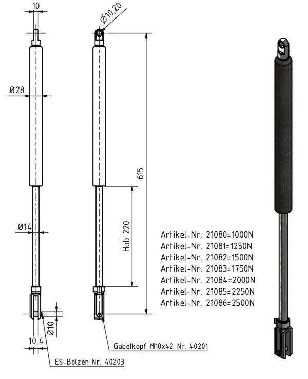 Gasfeder 14-28 615mm Anhänger Shop