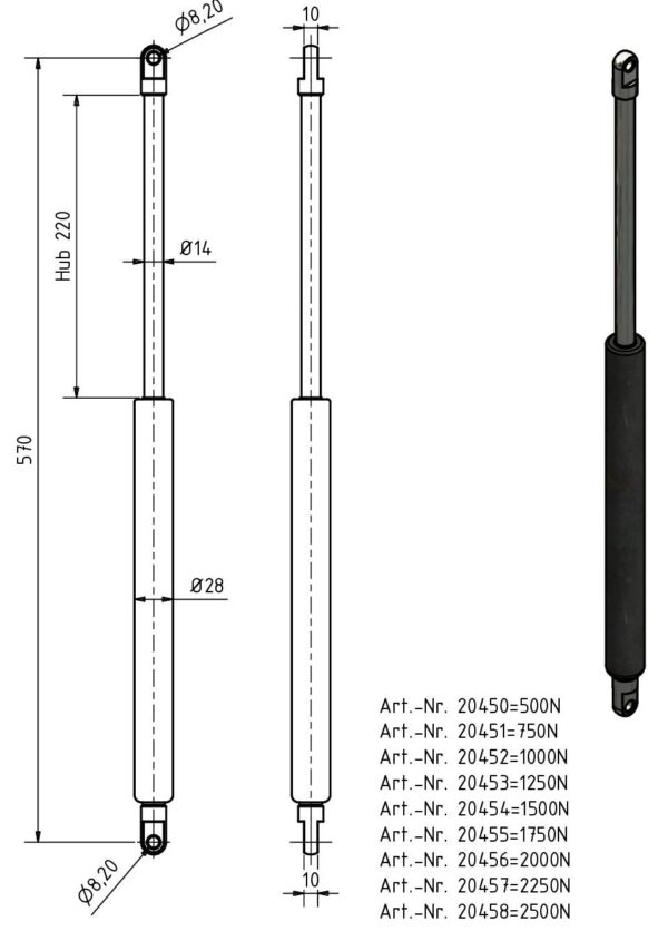 Gasfeder 14-28 570mm Anhänger Shop