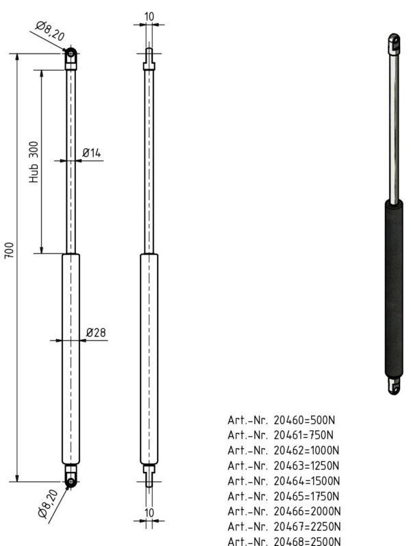 Gasfeder 14-28 700mm Anhänger Shop