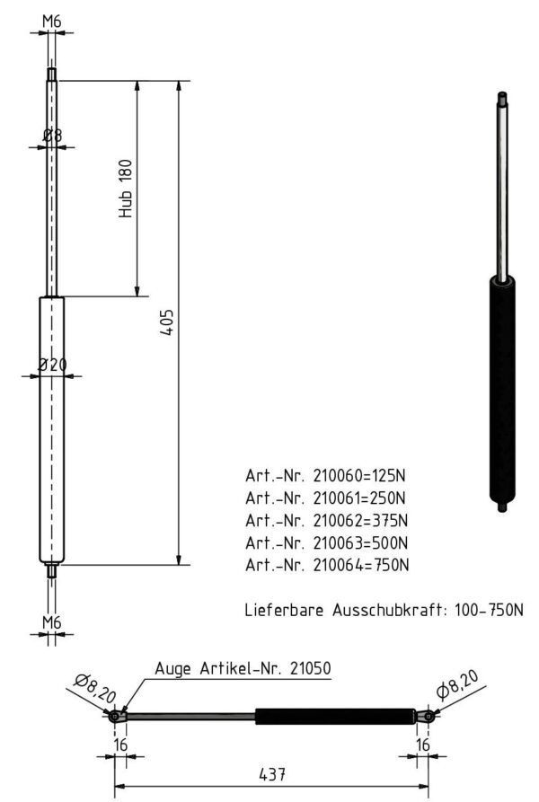 Gasfeder 8-19 405mm Anhänger Shop