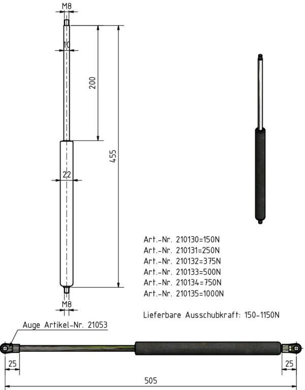 Gasfeder 10-22 455mm Anhänger Shop